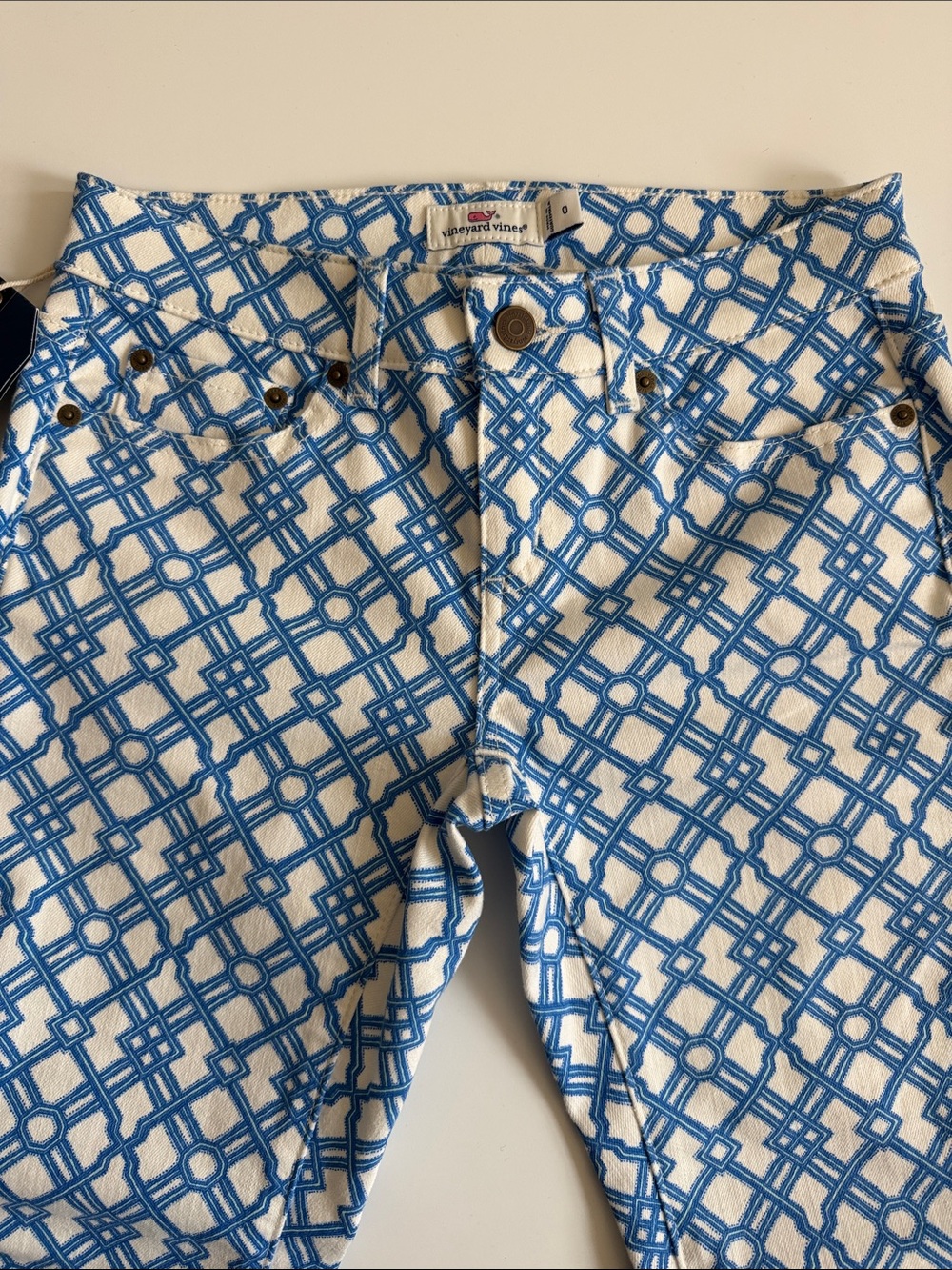 Vineyard Vines Lattice Print White & Blue Skinny Jeans